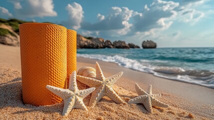 Tranquil beach scene featuring yoga mats, starfish, and seashell on sandy shore