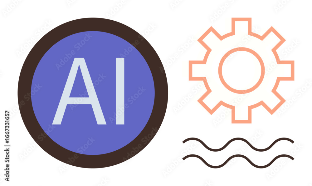 Poster ai text within a circle, gear icon symbolizing technology and processes, wavy lines for connectivity