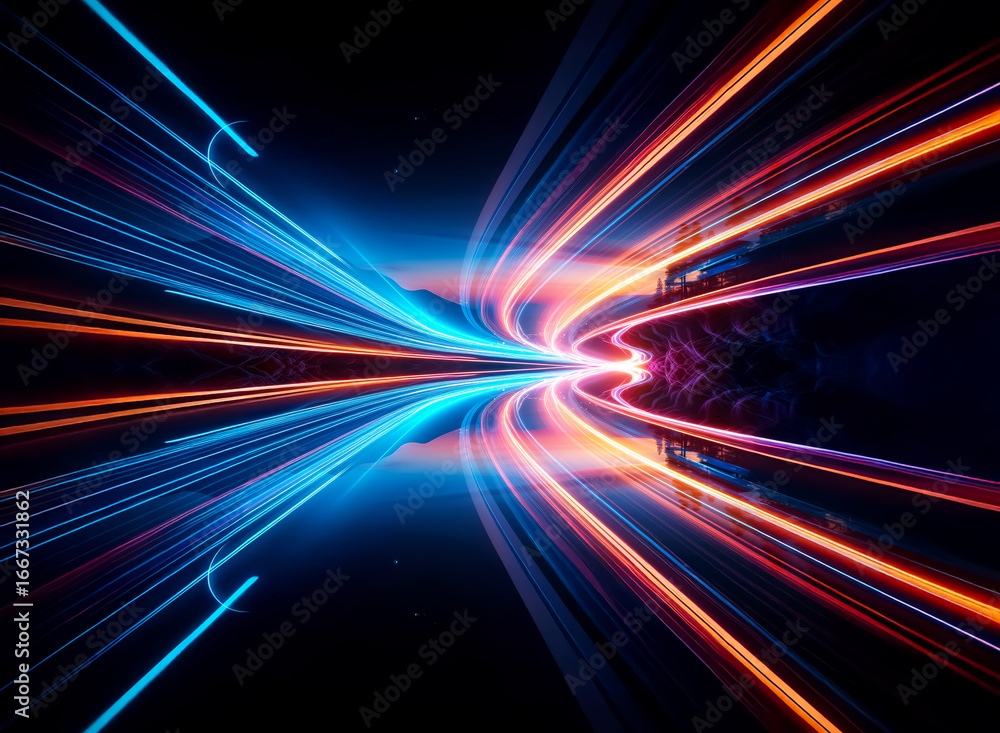 Aufkleber abstract blue and orange light streaks converge towards a central point, creating a dynamic tunnel e