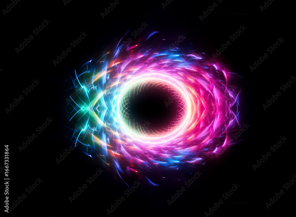 Poster vibrant, swirling light energy forms a mesmerizing circular vortex against a stark black backdrop. c