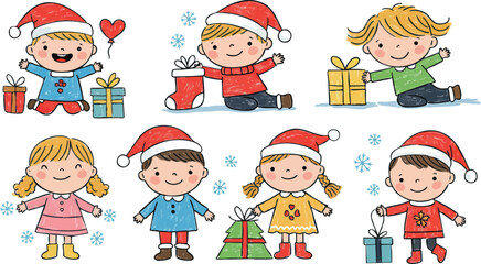 Fototapeta premium Children wearing santa hats celebrating christmas with gifts and winter holiday joy vector illustration