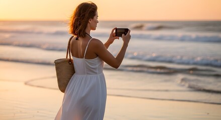Celebrating World Tourism Day, a woman photographs serene ocean sunset