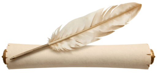 Quill pen on parchment scroll, isolated, vintage background, writing concept