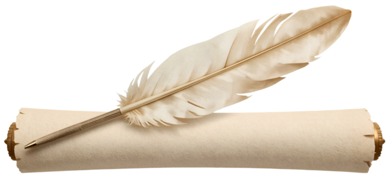 Quill pen on parchment scroll, isolated, vintage background, writing concept