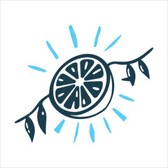 Stylized Lemon Slice with Sun Rays and Leaves Fete du Citron Menton Fevrier A lemon with sun rays