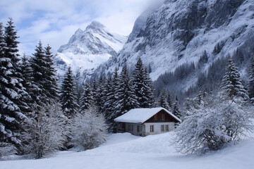 Remote chalet in a snowy mountain landscape