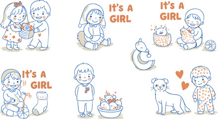 Fototapeta premium Cute baby girl and boy characters with toys and pets vector illustration for children and family design