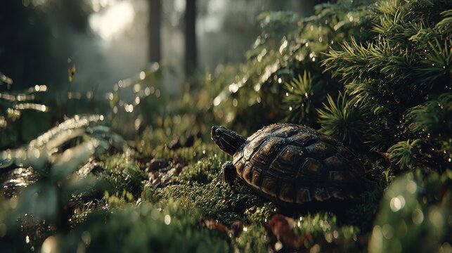 A serene turtle rests amidst verdant moss in a sun-dappled forest setting