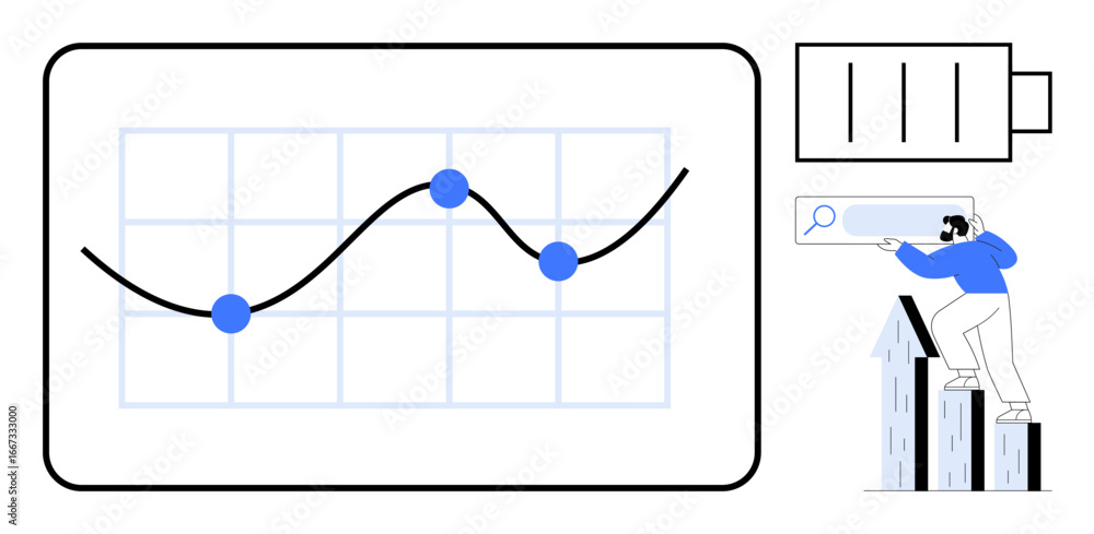 Poster graph with trendline and data points on a grid, battery icon for energy, researcher using search too