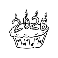 Hand drawn doodle birthday cake with 2026 candles, black vector illustration for New Year, holiday greeting cards, celebration design, and festive decoration on transparent background
