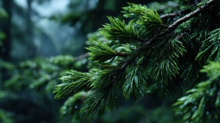 Close-up of rain-kissed coniferous branch, encapsulating tranquil wilderness