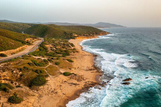 Drone aerial view of Costa Verde beach and hills in Arbus, Sardinia, Italy