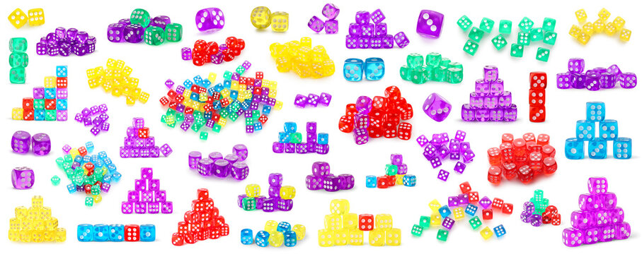 Set of many colorful dices on white background