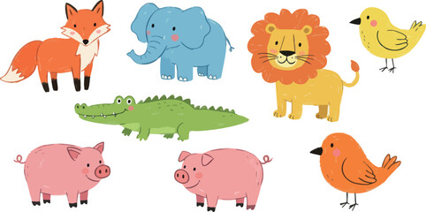 Cute cartoon animals collection including fox elephant lion pig bird and crocodile in colorful style for children and education