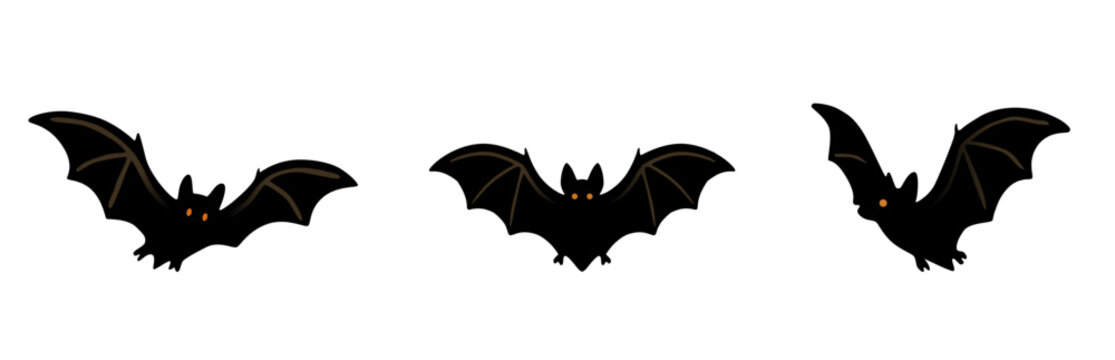 Vector cartoon illustrations of black vampire bats with glowing orange eyes flying in different positions and isolated from the background