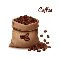 A burlap sack full of roasted coffee beans spilling onto a white background.