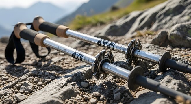 Durable trekking poles resting on rugged mountain trail rocks