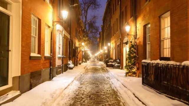 Cobblestone Street Lined with Red Brick Buildings under Snow Illuminated by Street Lamps and Christmas Tree at Twilight