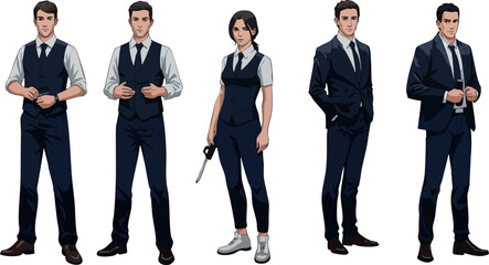 Group of five professional business people in formal suits and vests standing confidently with modern style and diverse poses vector illustration