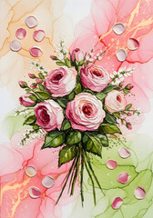 Romantic Rose Bouquet with Leaves in Vibrant Alcohol Ink Impasto Art, perfect for wedding invitation or romantic wall art
