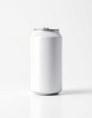 A tall, slender, blank white aluminum can with a silver top sits upright against a bright white background, subtly shadowed at its base