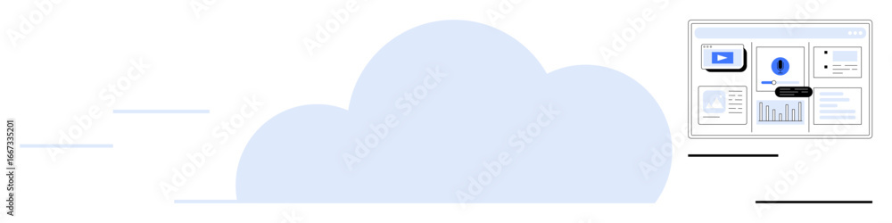 Poster large blue cloud with digital data dashboard highlighting graphs, charts, and statistics. ideal for 