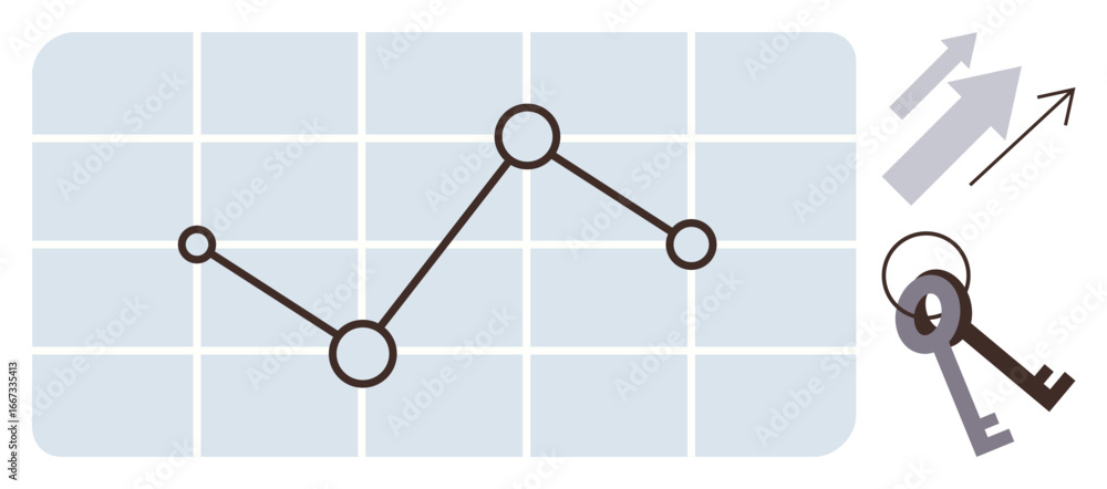 Poster line graph with data points, upward arrows, and keys symbolizing growth, success, and solutions. ide