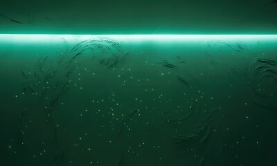 Fototapeta premium Teal textured wall illuminated by a bright, horizontal light source, featuring scattered luminous green specks creating a celestial effect. The texture is reminiscent of swirling clouds or water