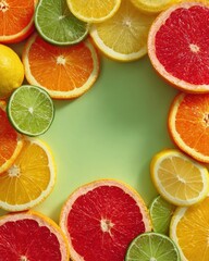 Obraz premium Neat circular frame of assorted citrus slices on soft pastel background with space for text.