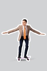 Funny businessman with skateboard on grey background