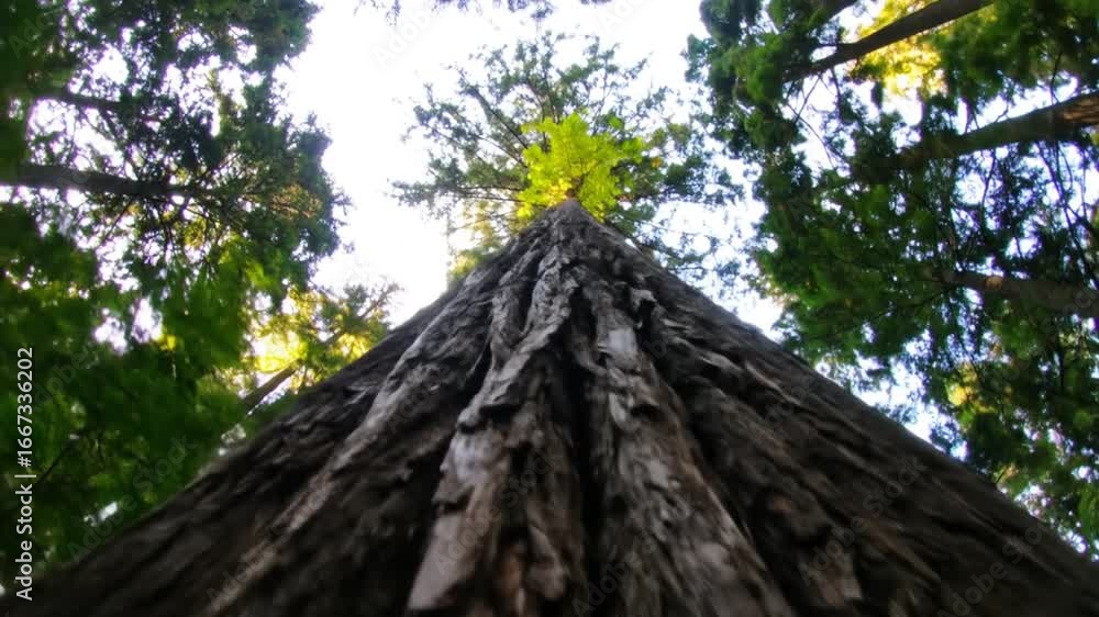 Poster low angle view of giant tree trunk in forest with green canopy and sky glistening through the branch