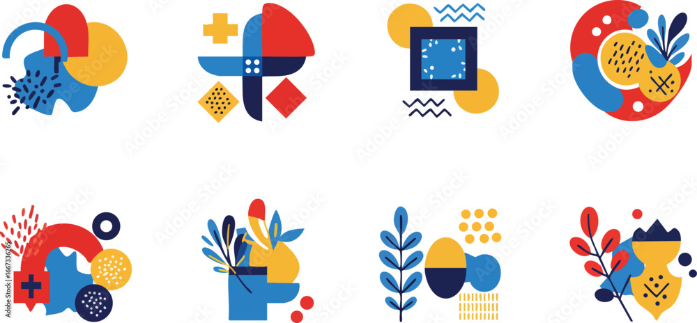Poster abstract colorful geometric shapes with floral elements and modern design style vector set for creat