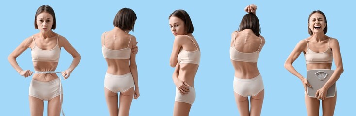 Set of young skinny woman on light blue background. Anorexia concept