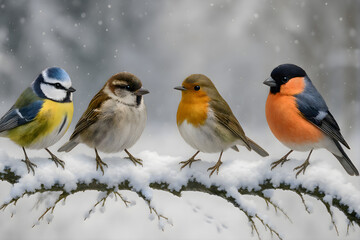 Fototapeta premium Four birds perched on a tree branch in snowy landscape, showing winter nature scene, wildlife, cold environment, and natural habitat for animals during snow season