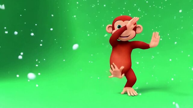 A cartoon monkey is dancing in the snow green screen animated chromakey background illustration gesture composition elements motion cartoonish figure scene style frame colorful movement