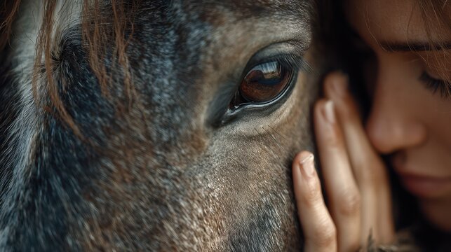 Close connection between a young woman and her horse during a quiet moment at sunset in a serene outdoor setting