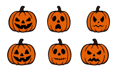 Vector illustration set of Halloween pumpkins in orange and black with varied facial expressions of fear on an isolated white background