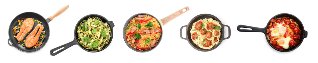 Set of frying pans with different cooked dishes on white background, top view