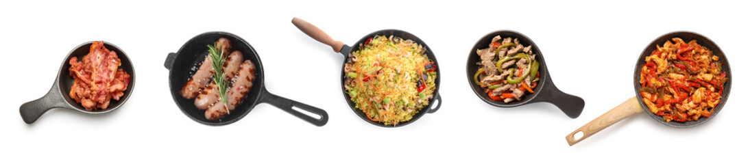 Set of frying pans with different cooked dishes on white background, top view