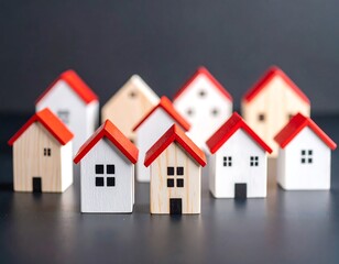 Miniature houses, clustered on dark surface