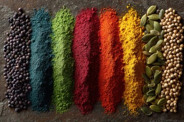 Top view of assorted spices and seeds arranged in a color gradient on stone with soft daylight and clear copy space.
