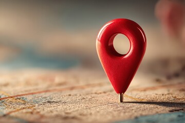 Red glossy map pin casting soft shadow on pale background with copy space.