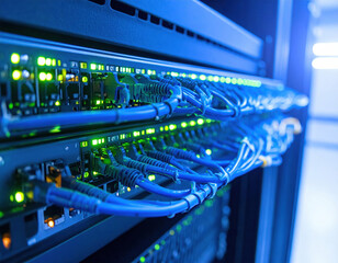 Network switch with multiple connected blue ethernet cables and glowing green indicator lights in data center rack, showing high tech connectivity and communication