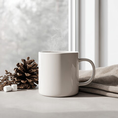 Ceramic mug mockup | Plain white stoneware mug with steam beside pinecone and fabric near frosty window | Minimal winter cozy aesthetic | Coffee tea and beverage branding design