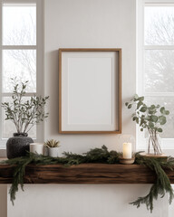 Frame mockup | 8x10 blank wooden frame on decorated mantle with evergreen garland candles and vases | Minimal winter cozy aesthetic | Poster and artwork display mockup