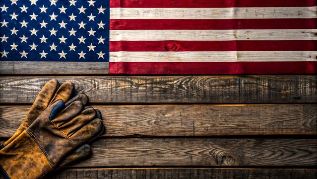 American flag with work gloves on wooden background for labor day - Powered by Adobe