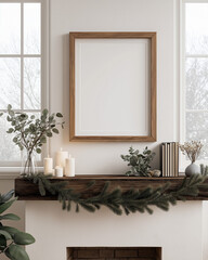 Frame mockup | 8x10 blank wooden frame above rustic mantel decorated with candles books and greenery | Cozy winter interior aesthetic | Wall art and print design template