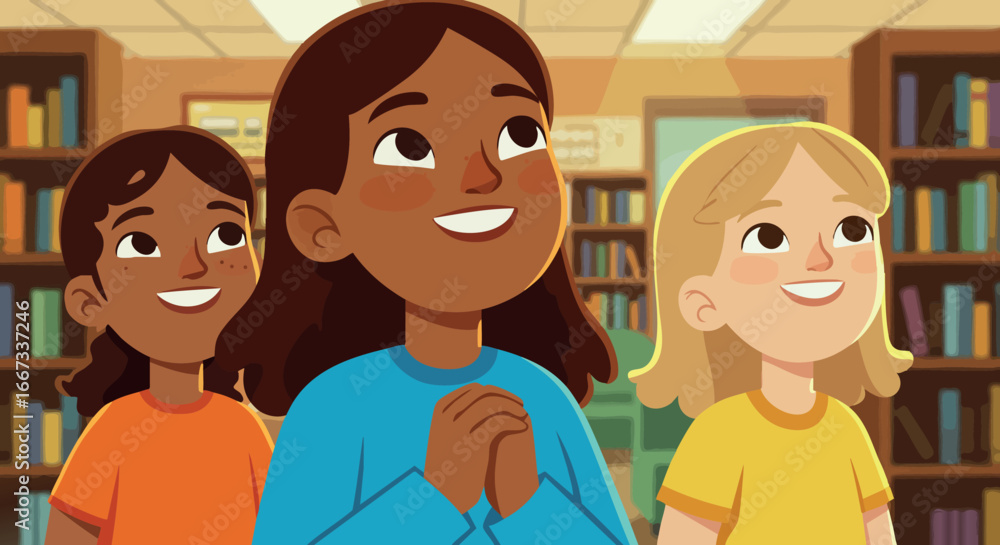 Poster group of diverse children smiling together in library with books and joy learning environment