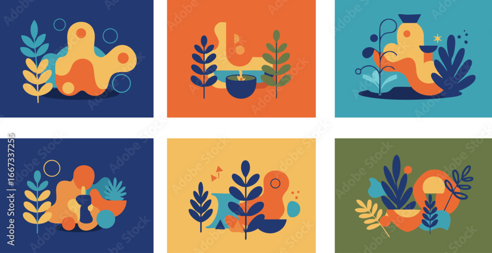 Poster abstract nature elements with colorful leaves and organic shapes in modern vector style design set