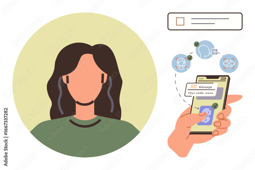 Poster female profile with smartphone displaying secure login screen, fingerprint scan, and code input. ide